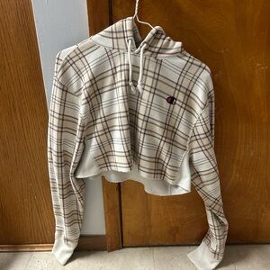 Champion Women's Cropped Plaid Hoodie - Cream and Brown